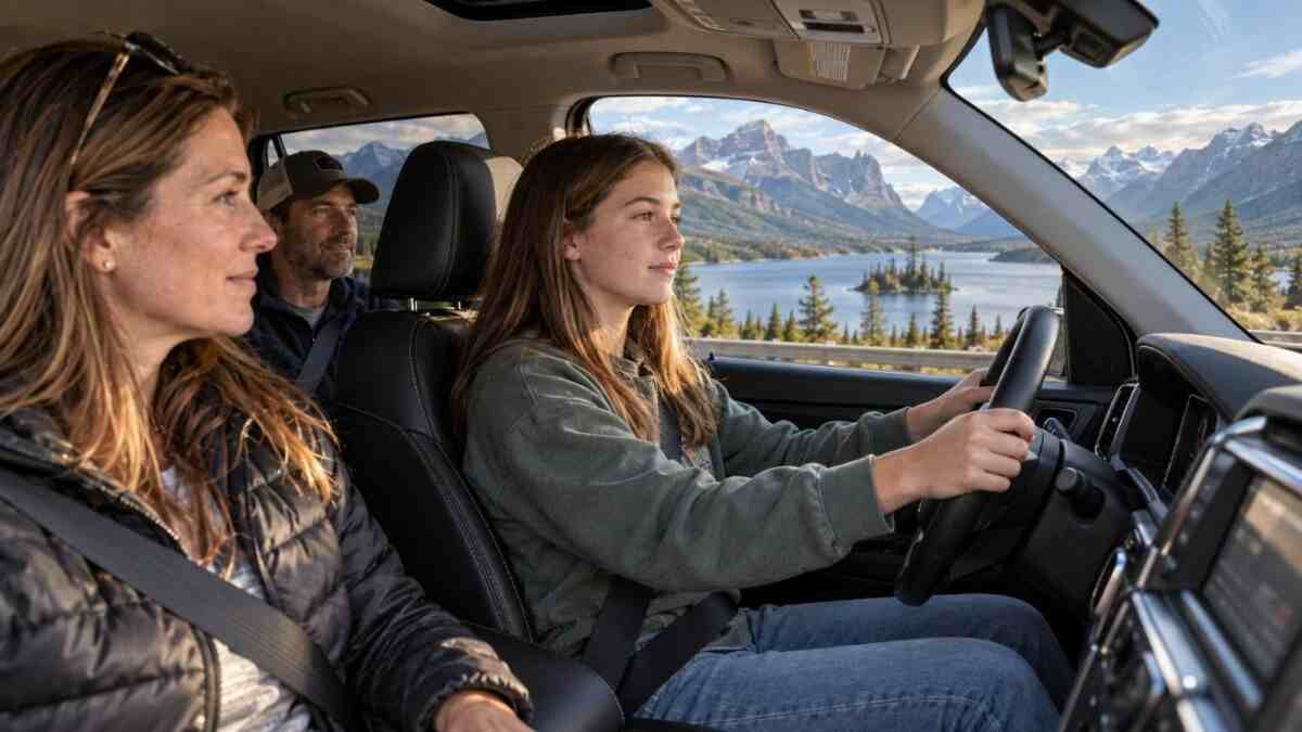 16-year-old Montana teen learning to drive with both parents in the car near St. Mary Lake and Glacier National Park.
