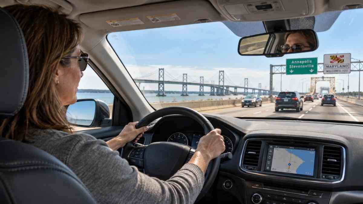 Adult Maryland driver practising defensive driving with a safe following distance in everyday traffic near the Chesapeake Bay Bridge